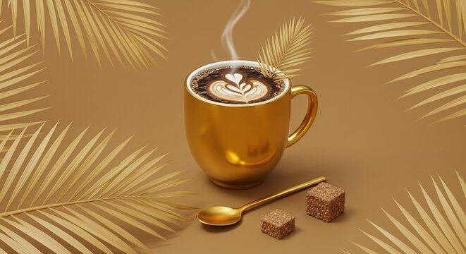 Luxurious golden coffee cup with latte art, palm leaves, spoon, and sugar cubes on a warm brown background, evoking elegance and a cozy mood.
