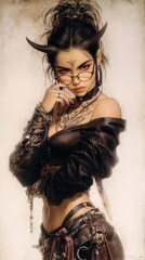 A stylized portrait of a beautiful, enigmatic woman with dark hair, small horns, wearing glasses and intricate dark clothing, against a textured, painterly background.