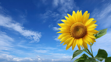 A vibrant yellow sunflower with green leaves stands tall against a beautiful backdrop of a bright blue sky dotted with fluffy white clouds on a sunny summer day.