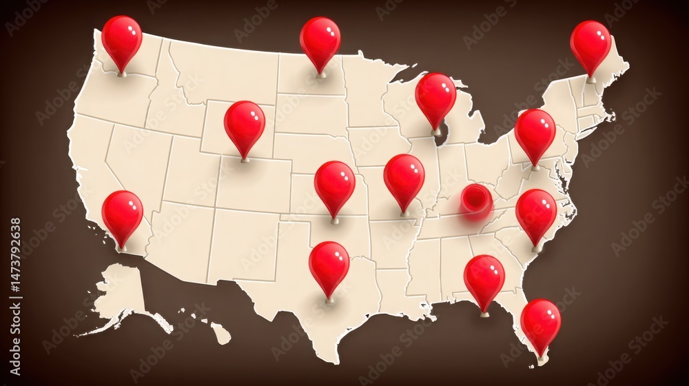 Poster map visualization featuring red pins representing project logic board icon concept for step-aligned 