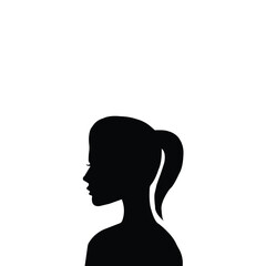 Silhouette of a woman in profile with a ponytail on a white background. Minimalist female portrait suitable for avatars, icons, infographics, or editorial design.