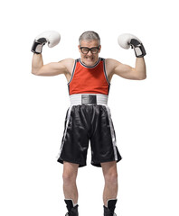 Funny skinny boxer showing off his muscles