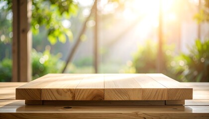 Sunny Wooden Tabletop Against a Lush Green Background