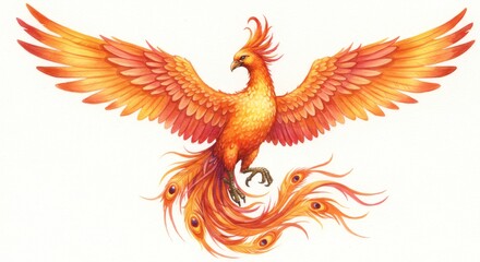 Obraz premium Fiery phoenix rising wings widespread