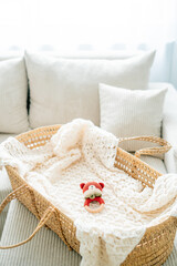 Beautiful natural eco basket for carrying newborn. Bed for child, cozy home in bright colors.