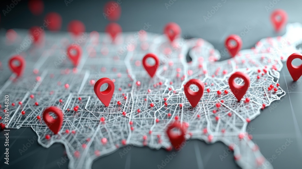 Poster map of the united states adorned with pins signifying value tracking and key performance indicators 