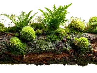 mosses and ferns growing on log isolated on transparent background