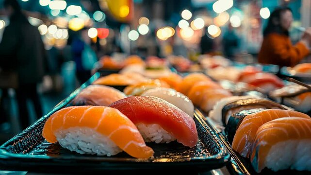 various type of sushi selling at local Asian market, bustling street	
