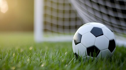 Soccer Ball on Green Grass with Goal in Background, Representing Sports, Recreation, and Outdoor Activity