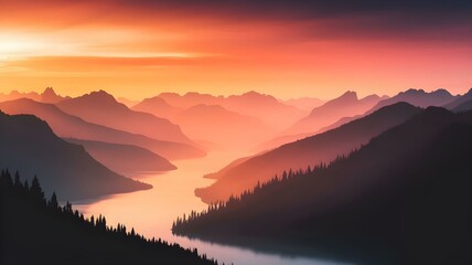 Obraz premium Serene Mountain Landscape at Sunset with Layers of Silhouette Peaks and a Calm River, Ideal for Nature, Travel, and Atmospheric Backgrounds