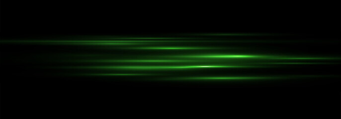 Green Neon Light Trails with Glow Effect and Motion Lines. Abstract Streaks, Starburst Shine, Sunshine Beam, and Transparent Light Flare Overlay for Sci-Fi or Futuristic Vector Design