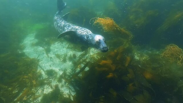 A juvenile male grey seal approaches the camera for a close look, spins twice in front of it, then slowly swims away, filmed at 60 frames per second, perfect for slow motion.