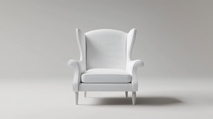 Fototapeta premium A modern white armchair with wooden legs stands against a gray background.