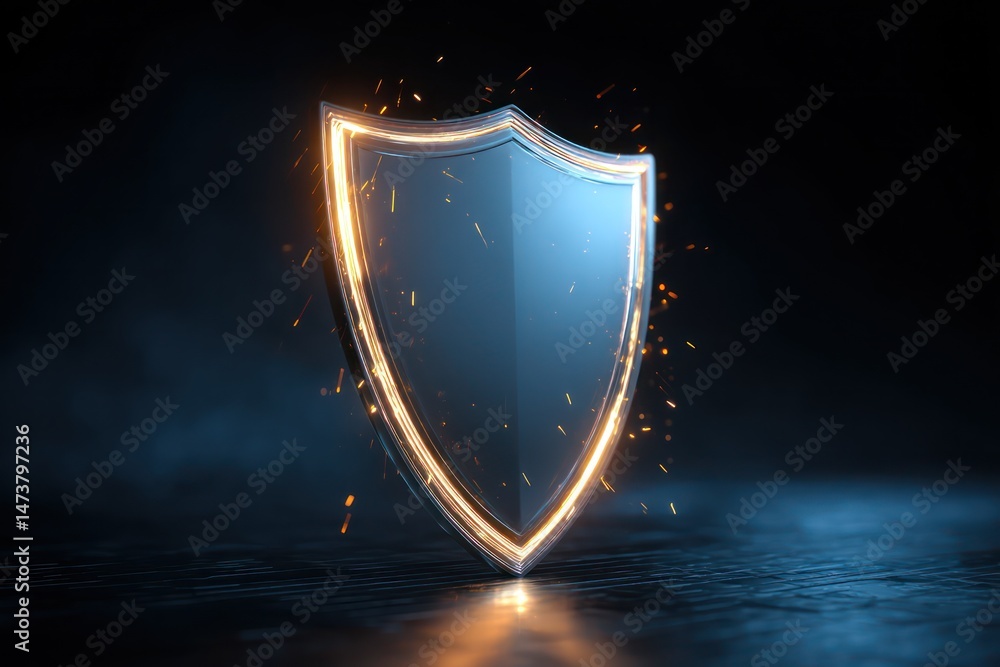 Poster digital shield glowing with edges, floating in dark space, representing modern cybersecurity.
