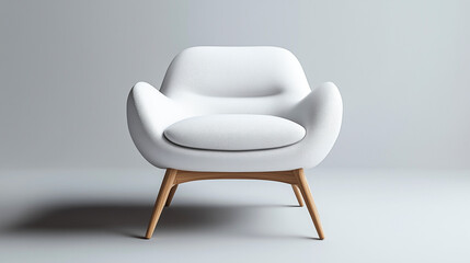 Fototapeta premium A modern white armchair with wooden legs stands against a gray background.