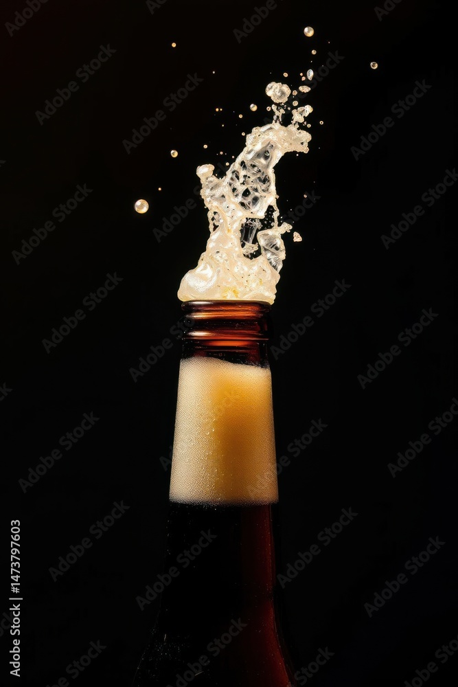 Aufkleber exploding beer foam from bottle with dark background, showing the dynamic action of liquid eruption.