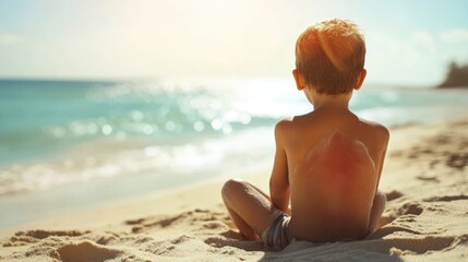Child with painful sunburn sitting on the beach, needs summer skin care and sun protection