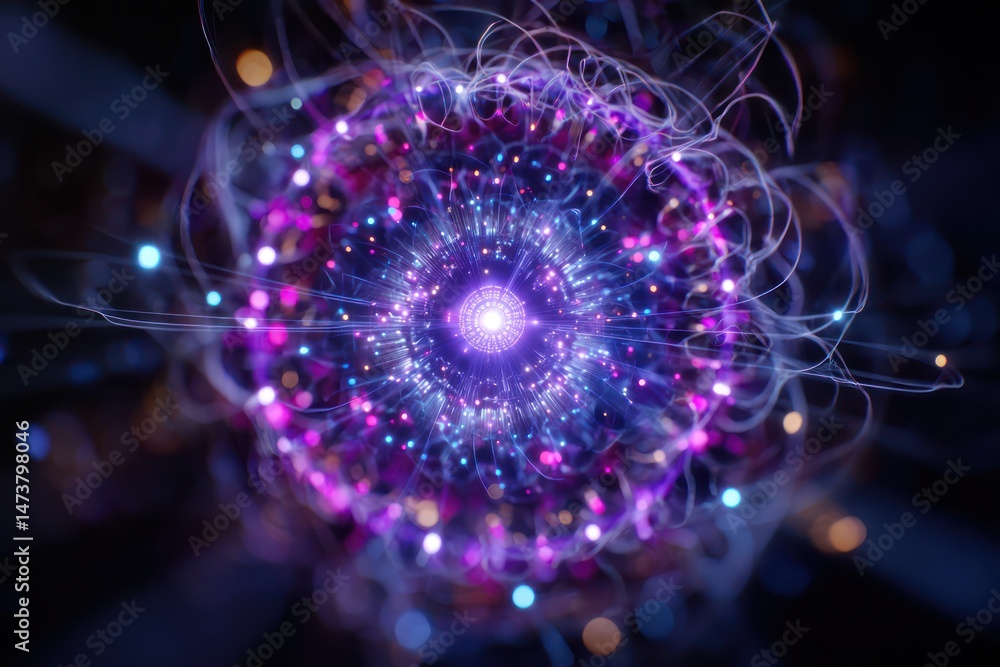 Poster a glowing technological core releases electric lights, creating intricate patterns of new ideas.