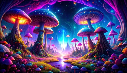 Psychedelic mushroom landscape with vibrant colors and surreal glowing fungi for fantasy artwork