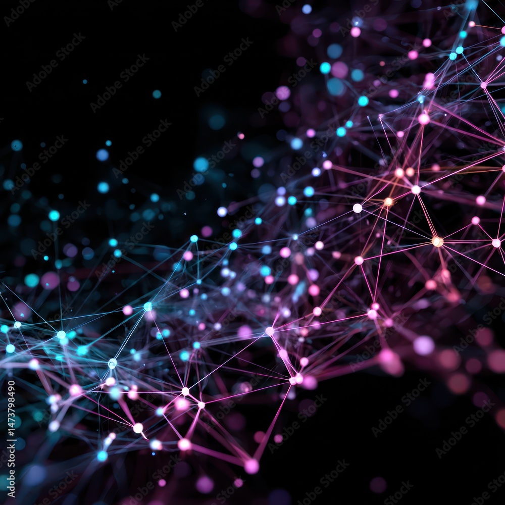 Poster neon network of data nodes, extending in all directions, creating a vibrant tech illustration.