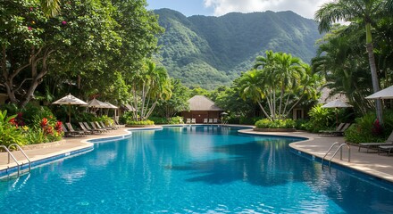Obraz premium A luxury resort swimming pool reflects the tropical sky near palm trees, inviting summer vacation relaxation