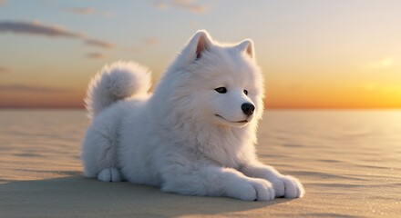 Sunset Serenity: Samoyed on the Beach