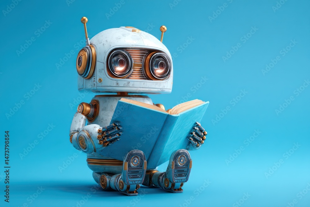 Poster robot reading a book with a blue background, providing space for additional text or information.