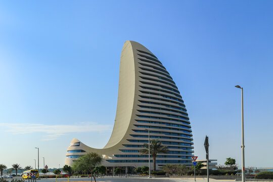 Abu Dhabi, UAE - February 27. 2023: Al Sail Tower at the Al Raha Beach, Abu Dhabi is a modern residential building with apartments and villas