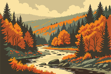 76 autumn landscape, dense forest, winding river, colorful trees, vibrant orange foliage, natural scenery, wilderness, reflective water, boulder-strewn riverbed, overcast sky, tranquil atmosphere