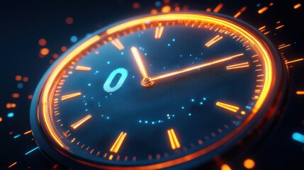 Futuristic Clock with Bright Neon Lights and Digital Elements Displaying Zero O'Clock Time