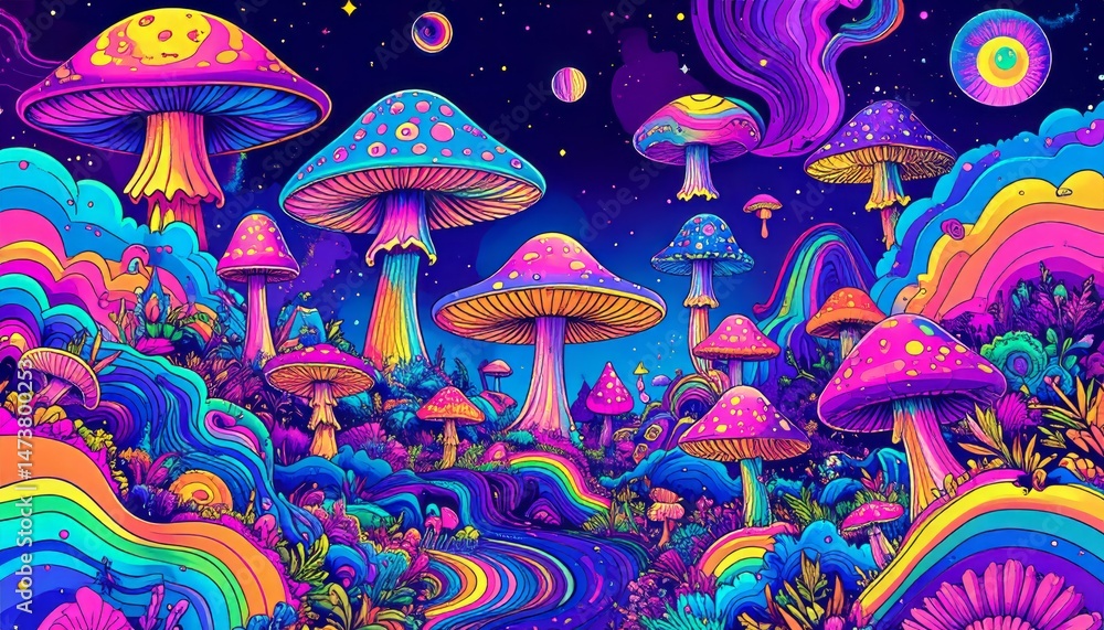 Wall mural psychedelic mushroom landscape with vibrant colors creating a surreal and dreamy atmosphere for fant