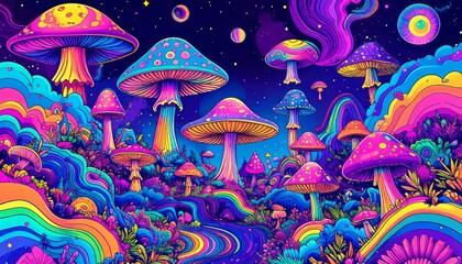 Psychedelic mushroom landscape with vibrant colors creating a surreal and dreamy atmosphere for fantasy art lovers