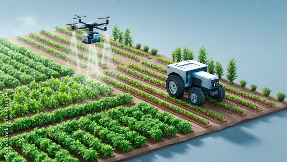 Poster robots in agriculture, powered by ai, harvesting crops and optimizing farming processes autonomously