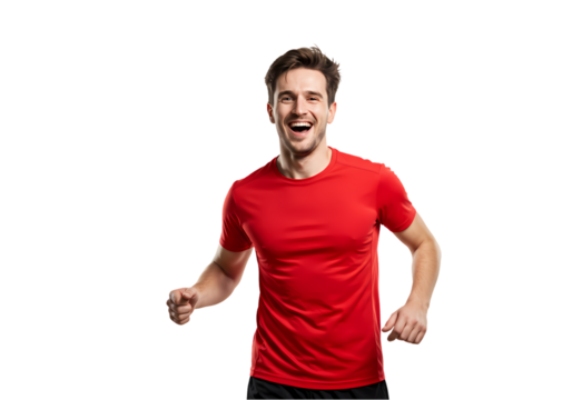 Excited Man in Red TShirt Happy Expression Studio Portrait isolated on white background