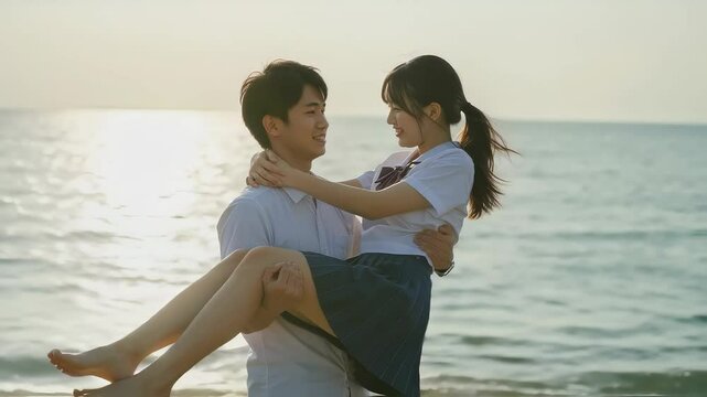 海の水平線をバックに、女子高生をお姫様抱っこしている男子高生