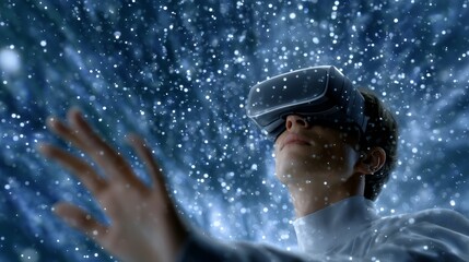Obraz premium Person Wearing Virtual Reality Headset Floating in a Cosmic Space Environment Full of Stars and Sparkles