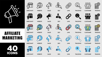 AFFILIATE MARKETING icon set with various styles and colors customer satisfaction questionnaire trading, seo, tracking, customer, link, sales, website, merchant icon live stroke