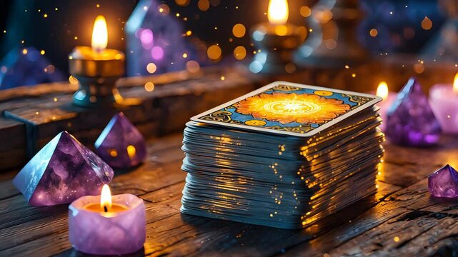 Stack of Illustrated Tarot Cards on Wooden Table Surrounded by Purple Crystals and Burning Candles in Warm Mystic Candlelight Setting

