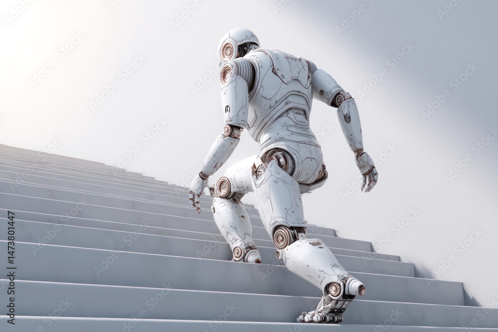 Poster humanoid ai robot climbing stairs, symbolizing agi-driven success in business and automation.