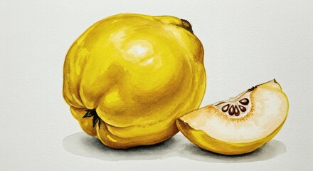 Golden quince with sliced fruit watercolor
