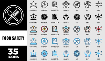 FOOD SAFETY icon set with various styles and colors customer satisfaction questionnaire consumer, hazards, inspection, health, eat, virus, safe and certification icons perfect symbol background