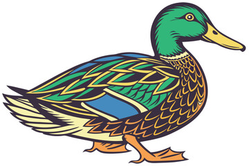 78 a colorful, vibrant, and highly detailed illustration of a duck, featuring a vivid green, blue, and orange color scheme, with intricate feather patterns and textures, and a bright, expressive eye, 