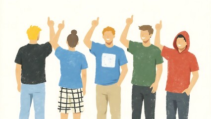 group of student, Five People Raising Index Fingers, Unity and Teamwork Concept 