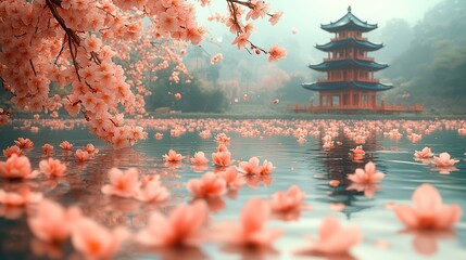 Peach blossoms fall gently onto the surface of a tranquil, jade pond, creating ripples that disturb the reflection of a nearby, pagoda-style structure with a sapphire roof