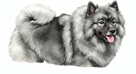 Gray Keeshond Dog Watercolor Painting Portrait