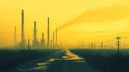 Dystopian landscape featuring industrial complex and smoke filled sky painted in yellow