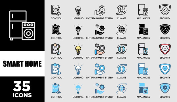 SMART HOME icon set with various styles and colors customer satisfaction questionnaire control, lighting, entertainment system, climate, appliances, mobile and security - Powered by Adobe