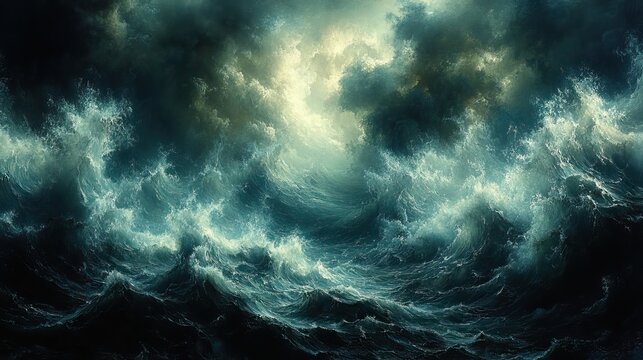 Petulant squalls whip across the surface of a turbulent sea, their forceful winds creating chaotic waves, a display of nature's untamed power