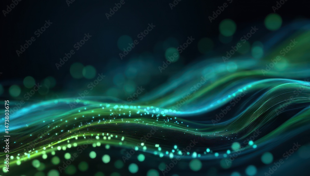 Poster abstract futuristic background with green and blue neon wave lines and bokeh, showcasing data transf