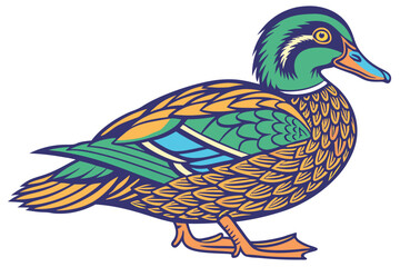Fototapeta premium 78 a colorful, vibrant, and highly detailed illustration of a duck, featuring a vivid green, blue, and orange color scheme, with intricate feather patterns and textures, and a bright, expressive eye, 
